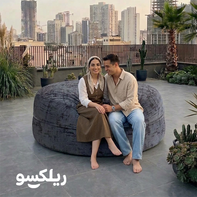 مبل شنی فوستو دونفره یک مرد و یک خانوم- بین بگ مخملی خاکستری ریلکسو